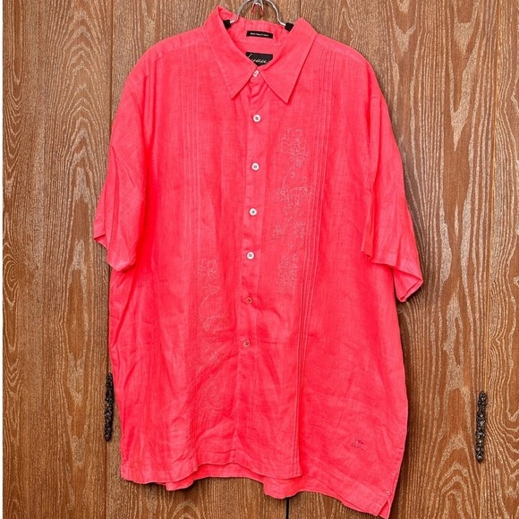 Luau Other - Luau 2XL Mens Coral Pink Linen Embroidered Short Sleeve Button Down Shirt Casual